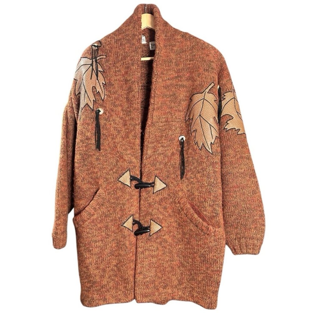 Vintage Tony Lambert Wool Blend Knit Duffle Coat Leaf Applique Long Cardigan M